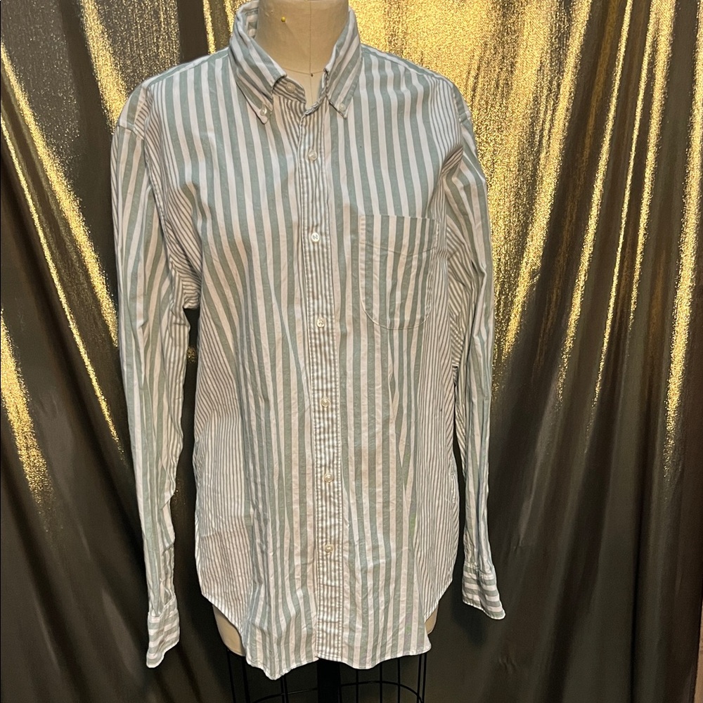 ✨🐈‍⬛ J. Crew Men’s White & Green Striped Casual Shirt 👔 Quick Snap Detail 💫🖤